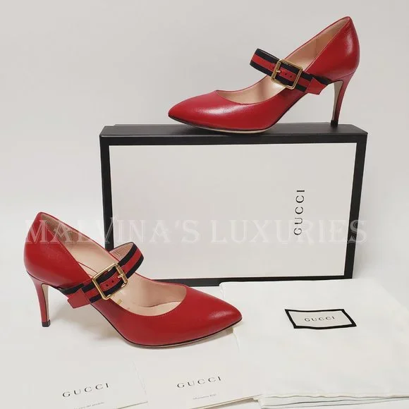 GUCCI SHOES SYLVIE WEB RED LEATHER MARY JANE PUMPS HEELS sz  display picture 1